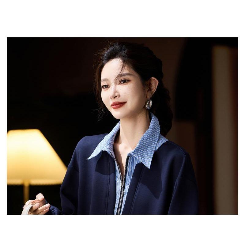 Autumn and Winter Korean Style Fake Two-piece POLO Collar Top Fashionable and Stylish Mid-length Sweatshirt for Women