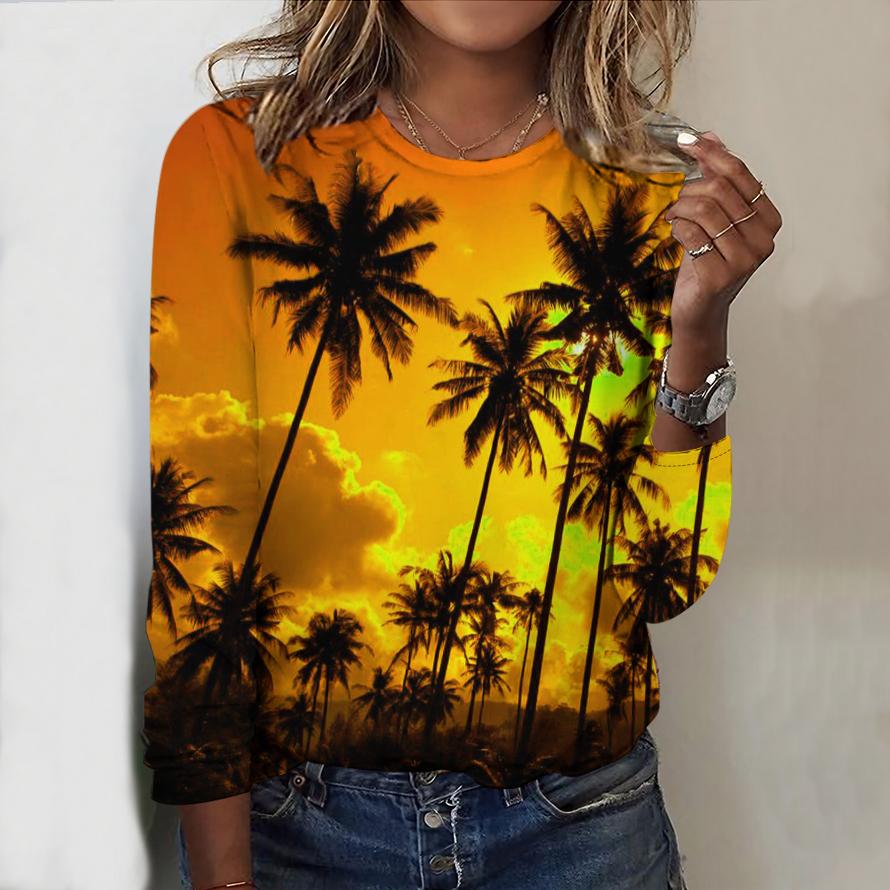 

Топы для женщин Приморский закат Кокосовые пальмы Принт Круглый вырез Длинный рукав Футболка Осенний повседневный тонкий пуловер Женский длинный рукав Топ 8XL жёлтый