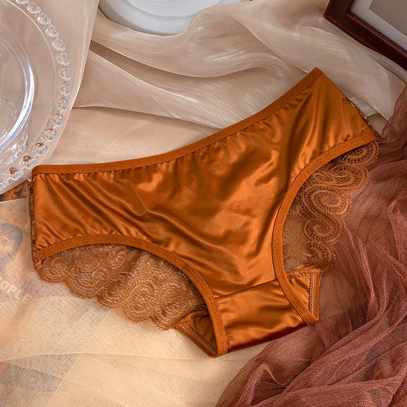 Women Bowknot Mid Waist Satin Panties Solid Color Spaghetti Strap Lace Briefs Hollow Out Seamless