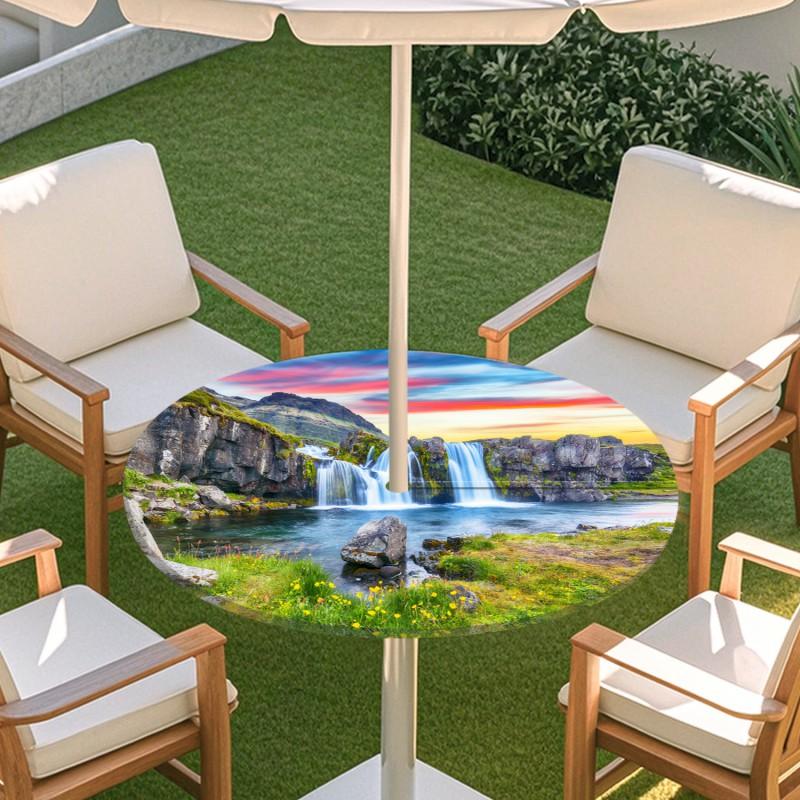 Outdoor Round Table Cover With Nature Print Waterproof Elastic Hem Patio Garden Deck