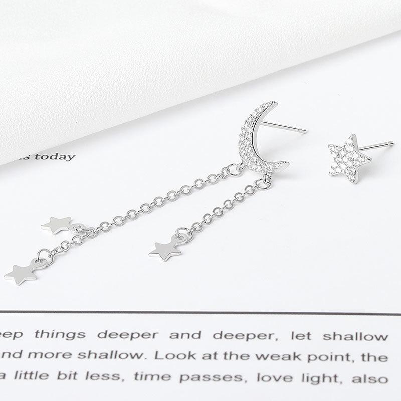 Fashionable Asymmetric Star Moon Rhinestone Tassel Earrings Unique Design Dangle Ear Studs For Women