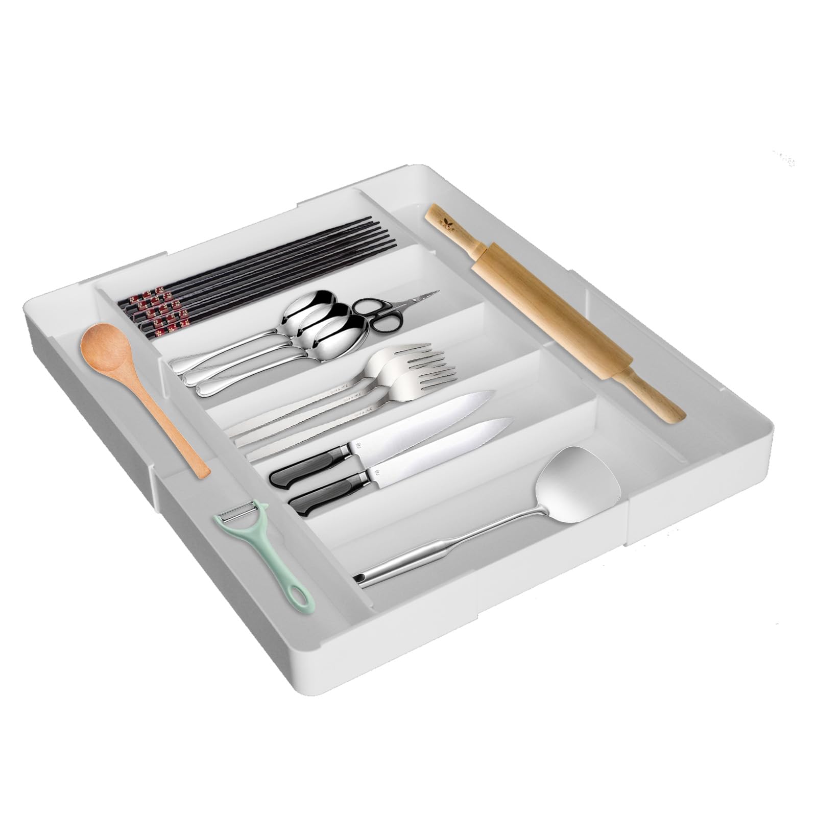 

PakOne Cutlery Expandable Adjustable Cutlery Dish Kitchen Easy to Small Item Cosmetics Stationery x x Storage Box Expandable x x Case, 4-Sided Drawer,