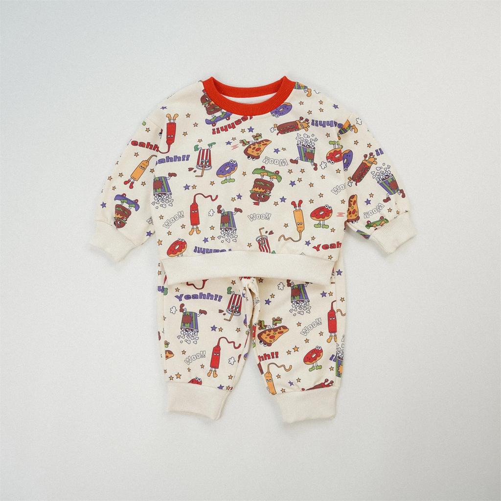 2025 Autumn Kids' Cartoon Pizza Hoodie & Pants Set - European Style, Full Print
