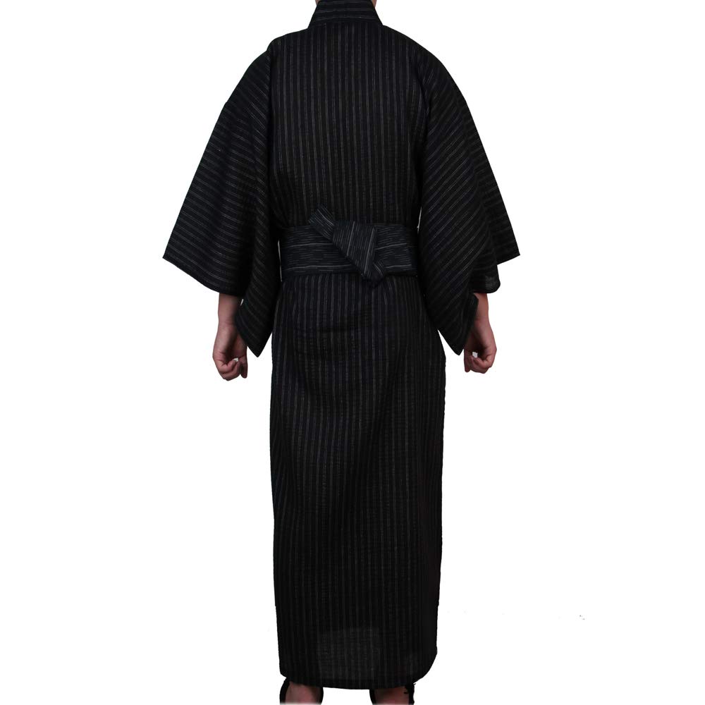 Yifulove Cotton and Linen Fireworks Festival Black Men's Yukata, Yukata, Sleepwear, Pajamas, Striped, Summer, Autumn, (Size M, 1)