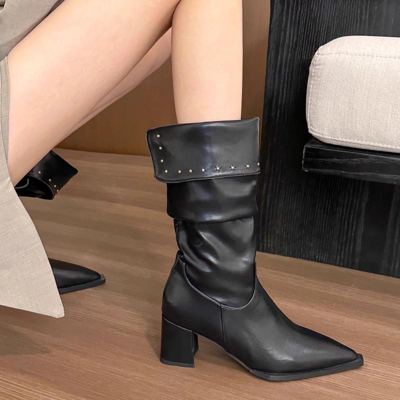 Women's Pointy Pleated Ankle Boots Fashion Square Heels Booties Woman Autumn New Fashion Pu Leather Chunky Heel Knee