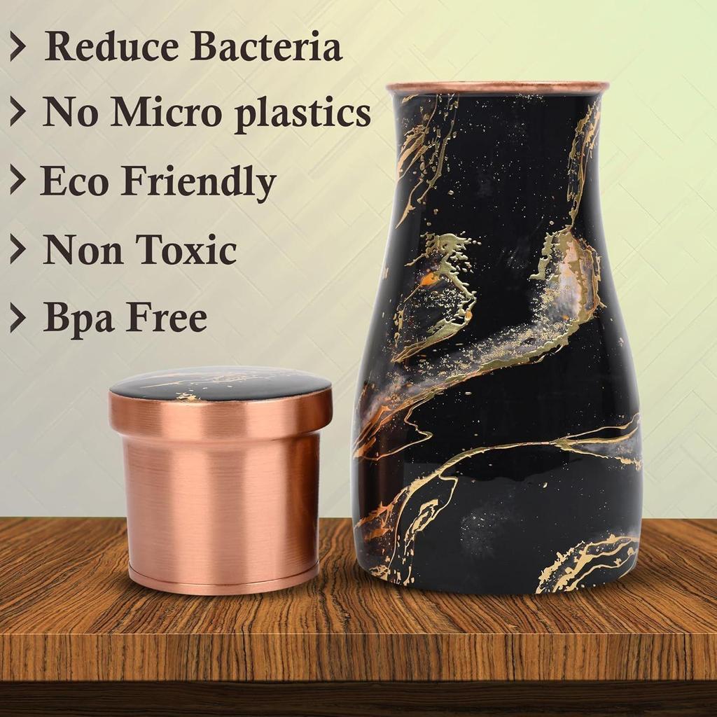 Copper Bottle with Built in Glass Joint Free and Black Marble Enameled Design Finish Bottle for Ayurvedic Health Benefits Yoga 1000 ML,