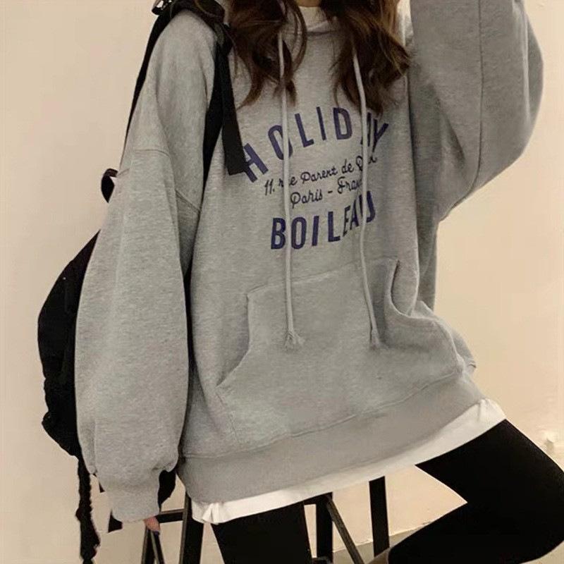 

Padded Thickened Loose Hooded Sweater Female Fall and Winter Jacket Ancient Long-sleeved Bottoming Shirt Tops Fashion Retro Versatile Sweatshirt XXL