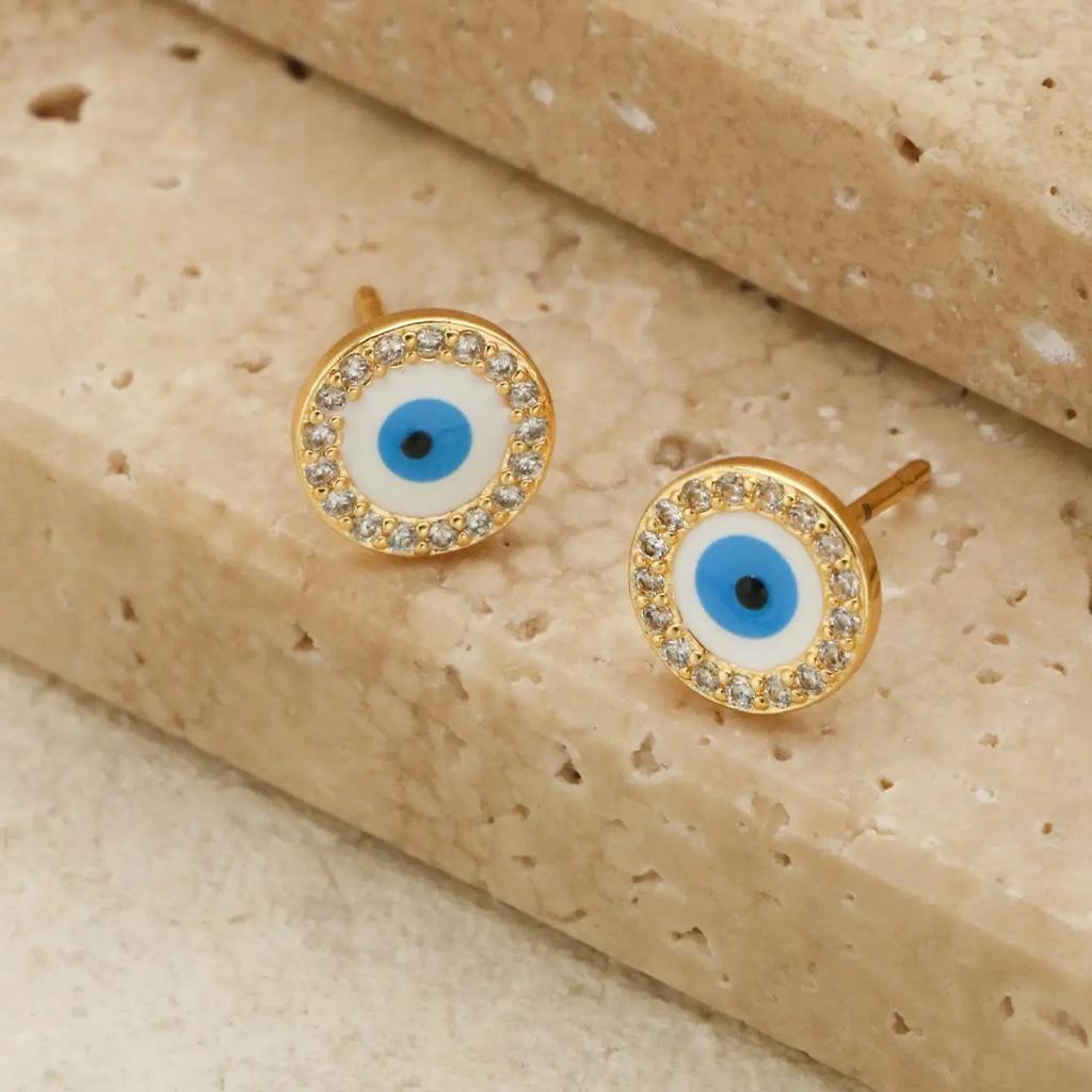 1 Paar Türkei Beliebte Blaue Böse Blick Ohrstecker Luxus Zirkonia Eingelegt Herren Damen Kupfer Schmuck