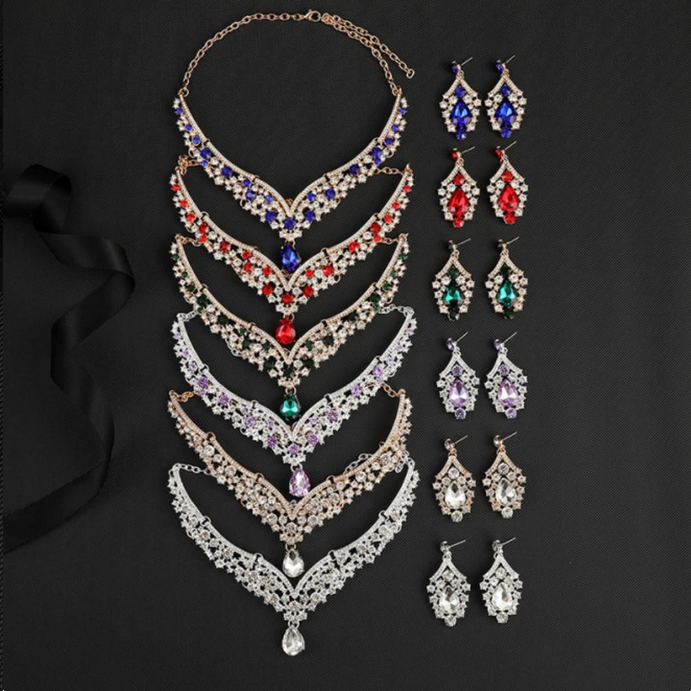 Crystal Choker Necklace Earrings Rhinestone Bridal Jewelry Sets for Bride Wedding Party Costume Accessories
