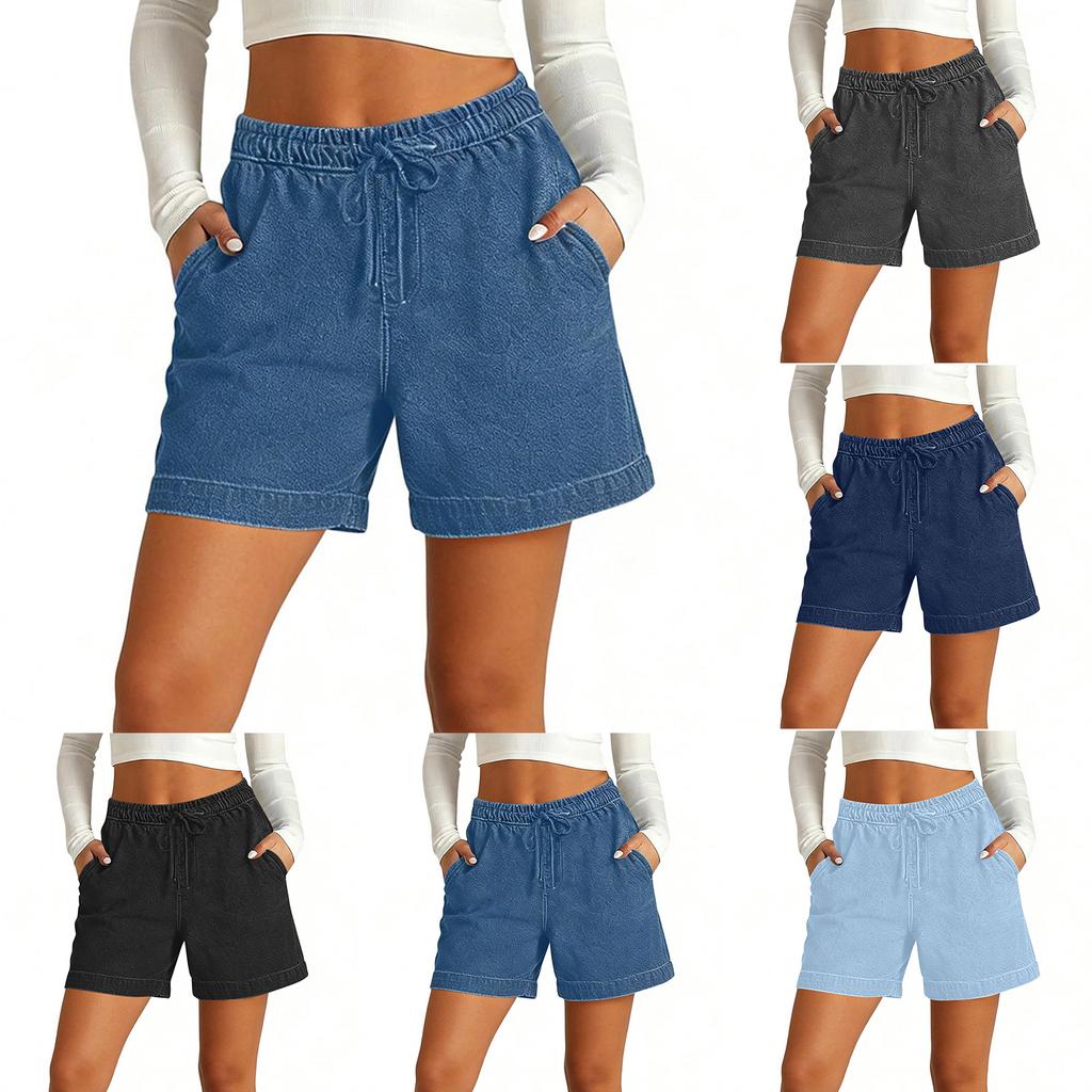 Pantaloncini di Jeans Casual da Donna a Vestibilità Larga Vita Elastica Non Elasticizzati Gamba Larga Pantaloncini Jeans Estivi con Coulisse e Tasche