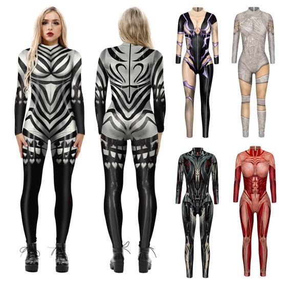 Damen Halloween Langarm Digitaldruck Slim Jumpsuit Bodysuit Cosplay Kostüm