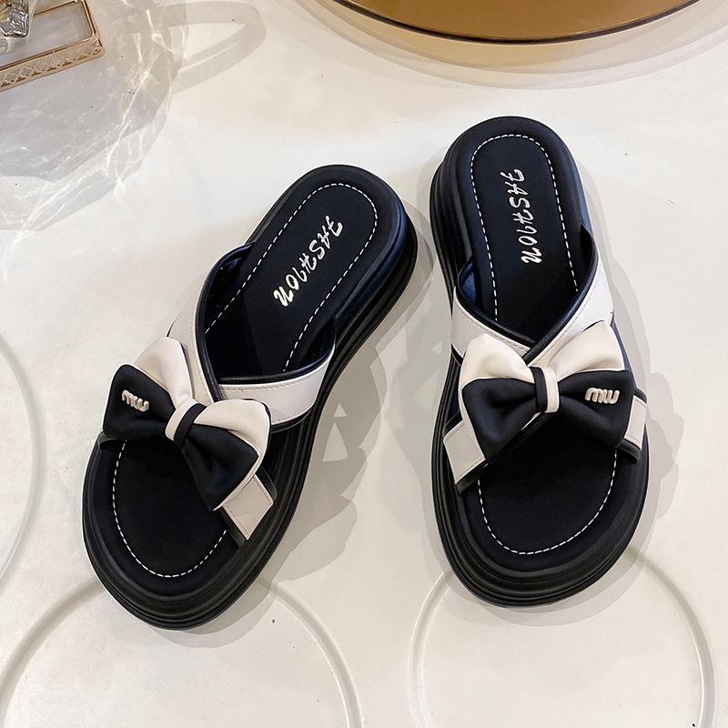 

2025 summer new thick-soled trendy slippers women s fashion small fresh with skirt bow thick-soled slippers women 40 чёрный