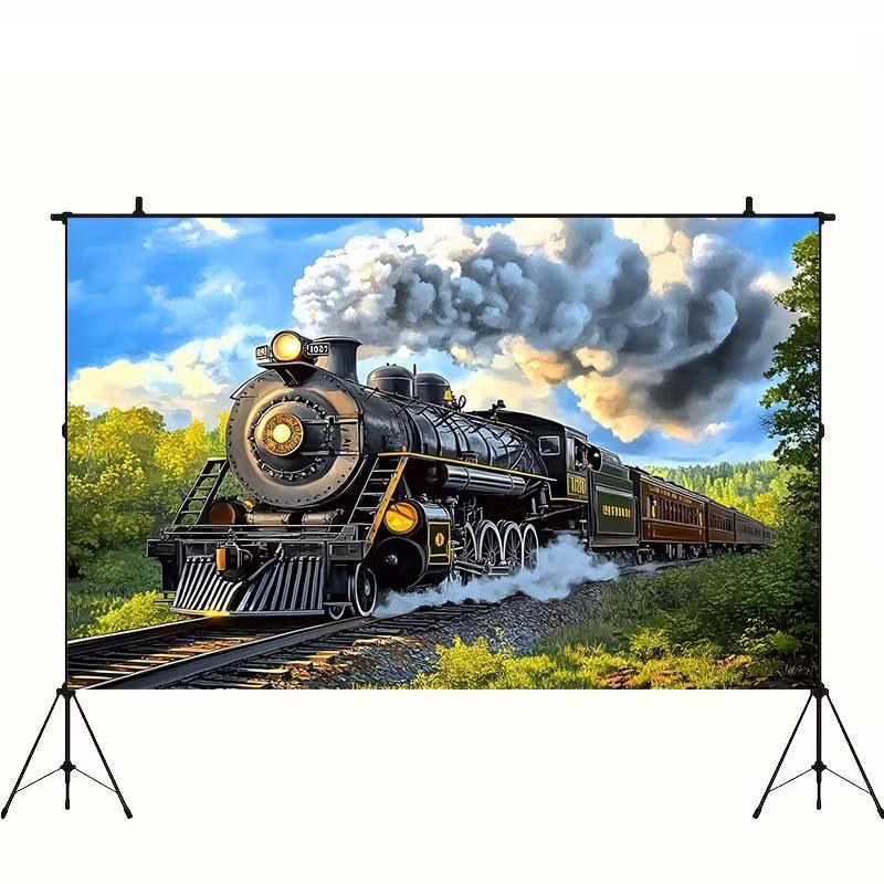 2D Classic Steam Train Backdrop, Outdoor Scenic Photography Background