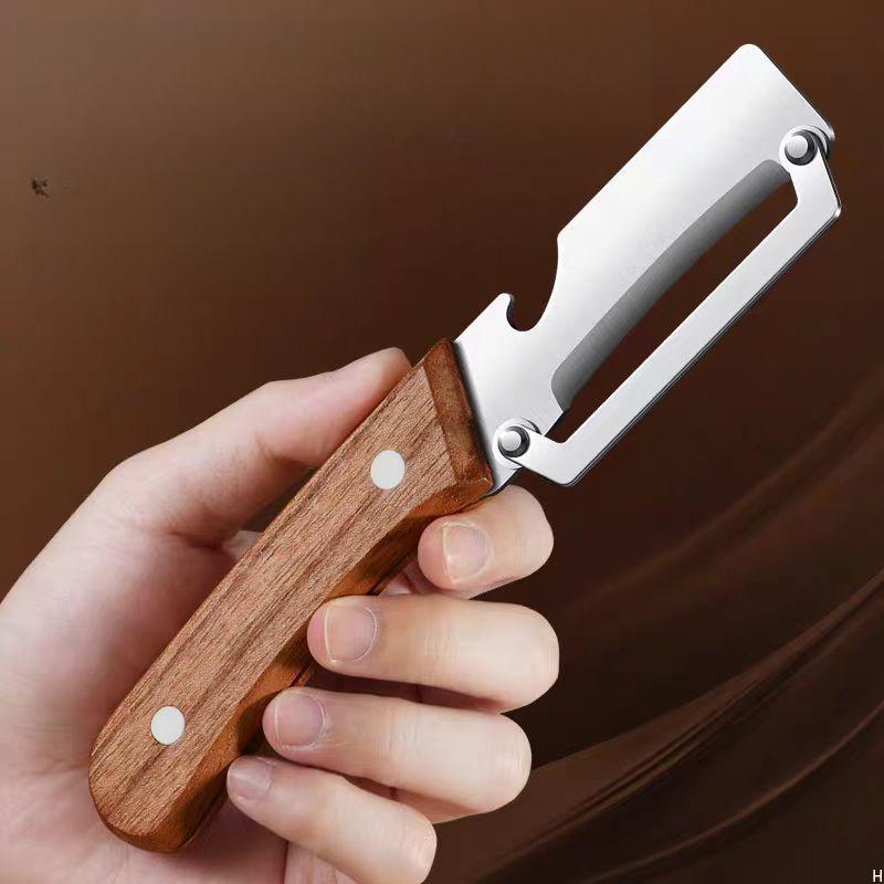 3 In 1 Multifunctional Stainless Steel Peeler Wooden Handle Fruit Vegetable Skin Remover Tool for Sugarcane Pumpkin Thick Skin Peeling