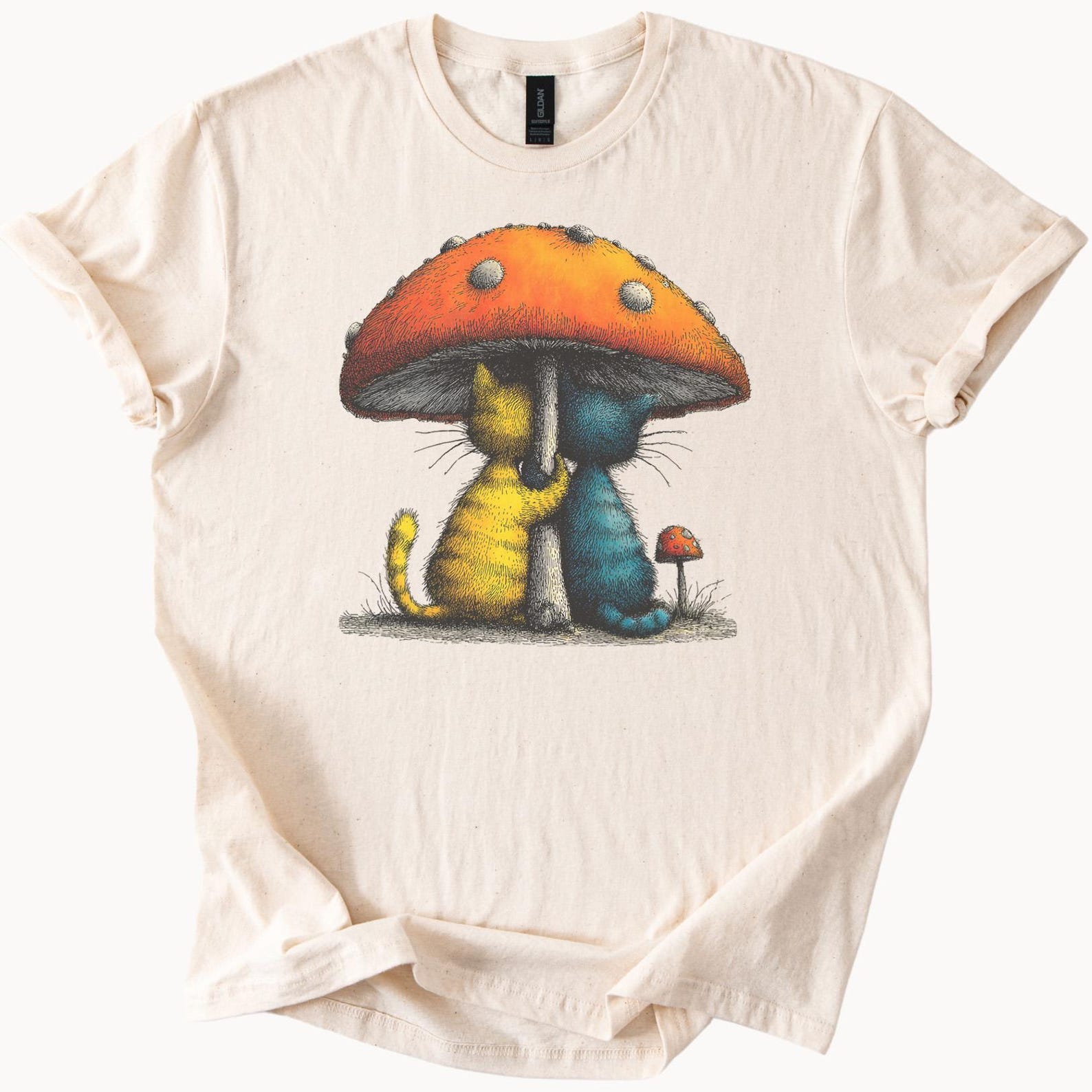 Cat Mushroom Graphic Shirt Whimsical Animal Art Tee Two Cats Under Toadstool Fungi Nature Lovers Cute Kitty Drawing Apparel 130