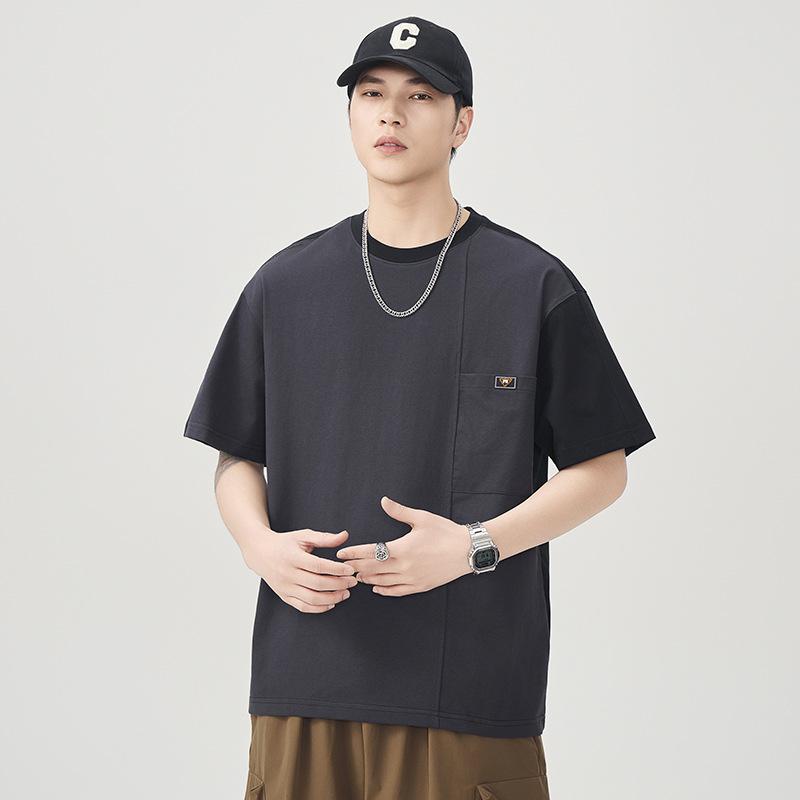 Contrast Color Short-sleeved T-shirt for Men's Summer New Loose Round Neck Drop Shoulder Shirt