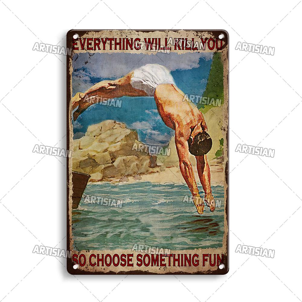 Artisian Sport Metallschild Schwimmen Blechschild Tauchen Dekoratives Poster Wanddeko Garage Bar Pub Club Hotel Café Küche Zuhause