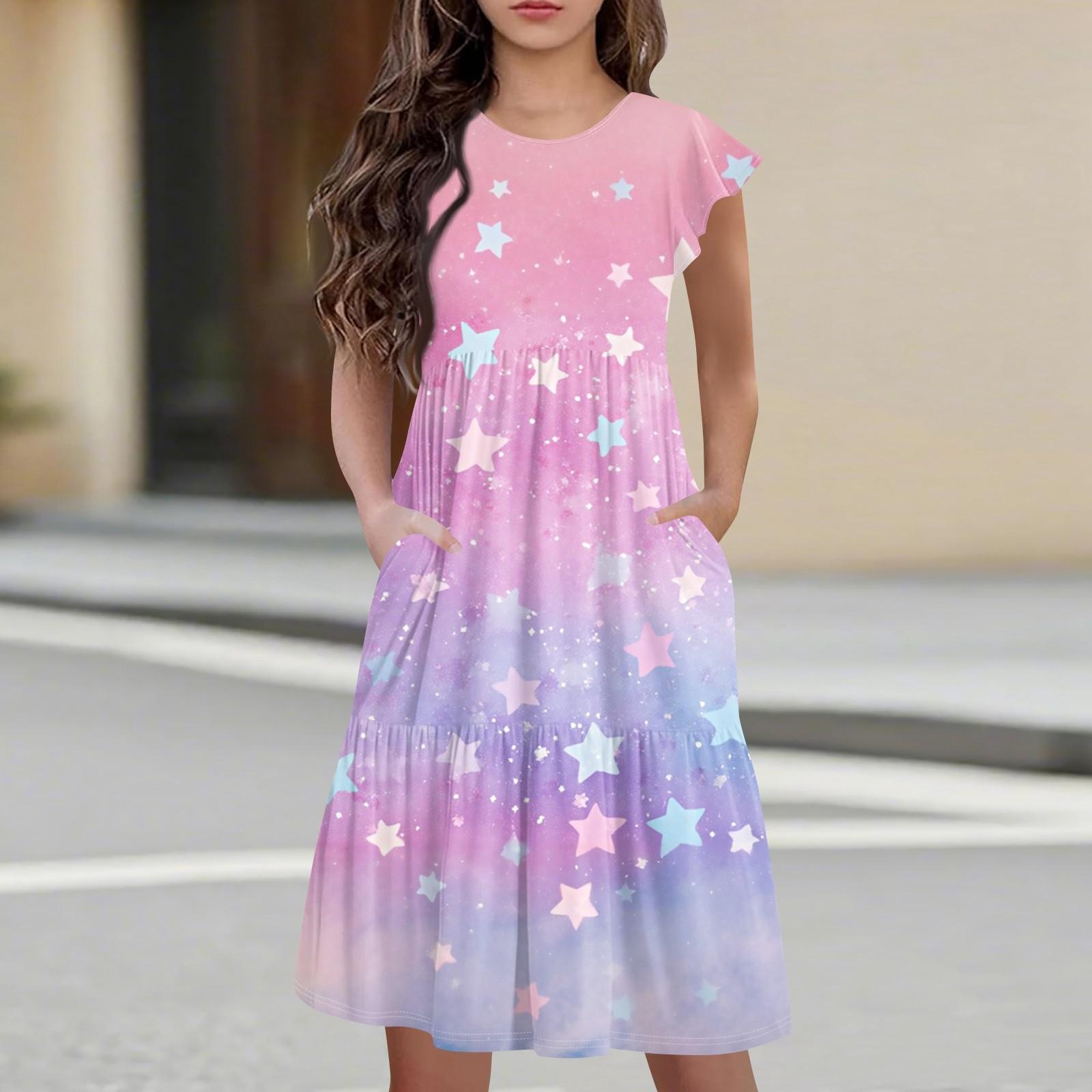 

Детская юбка с круглым вырезом, плиссированная, с коротким рукавом, юбка принцессы, модное повседневное платье с карманами для девочек 90