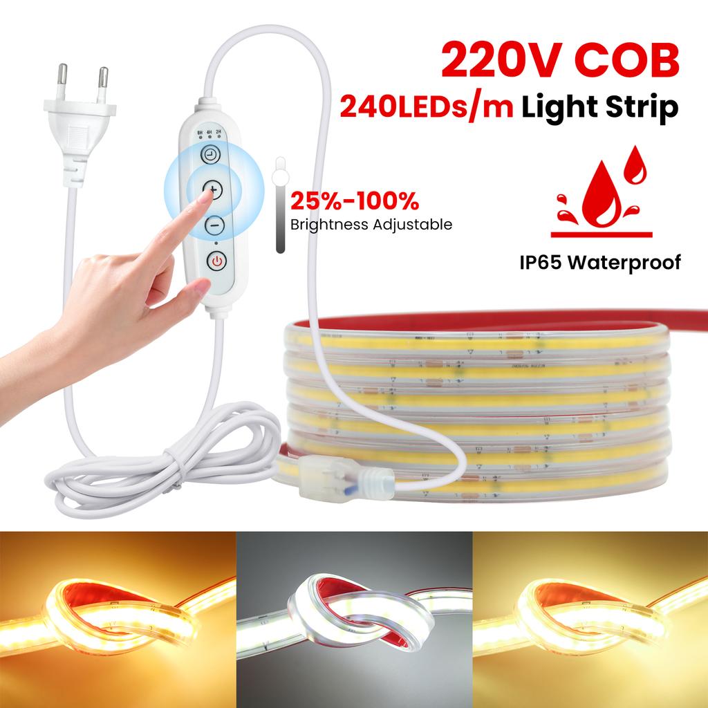 220V Dimmable COB LED Strip Light 240 LEDs/M Flexible Waterproof Linear Tape With Adhesive Backing