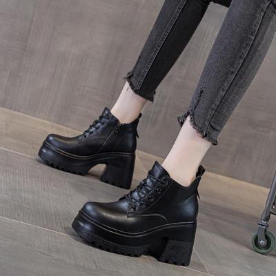 Women's Fall/Winter 10cm Platform Ankle Boots: Lace-up Martin Style, Versatile Casual High Heels, Single Cotton Design.