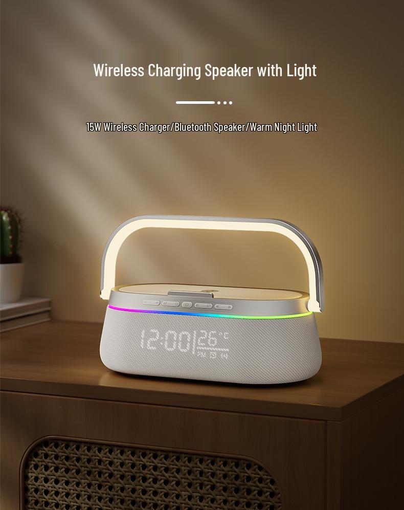 Multifunction Wireless Bluetooth Speaker with Charging, Desktop Clock, Alarm, Subwoofer, Night Light, and Stand