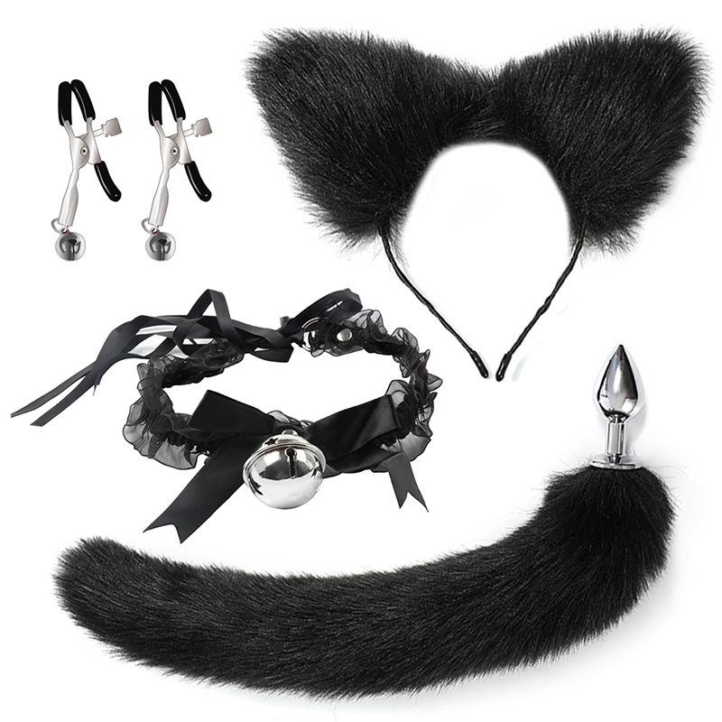 VaHppy SM BDSM Sex Toy Sets Role-playing Fox 5pcs/lot Plush Anal Plug Tail Bell Collar Mouth Plugs White/Black/Pink Couple Games