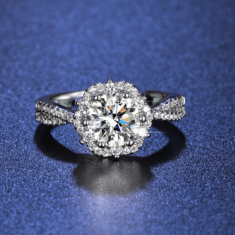Open Design, Slightly Inlaid with Diamond Button Wall, One-carat Plum Blossom Ring, Female Imitation Moissanite Ring.