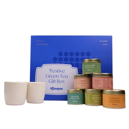 Chaayos Festival-Geschenkbox | Kamille, Minze Sauf, Hibiskus, Gods Chai, Kurkuma-Zimt und Kurkuma-Kardamom-Grüntee für Teeliebhaber | Tee-Geschenkkorb