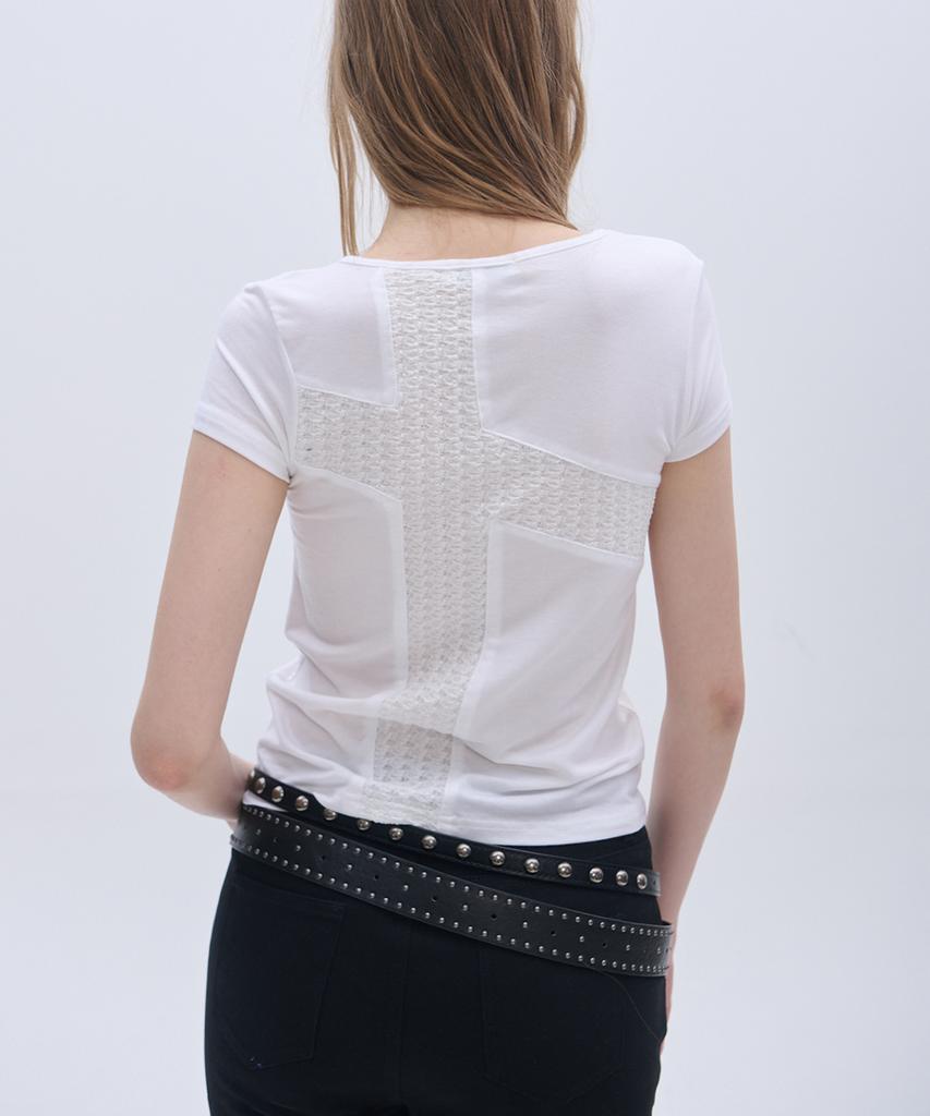 PLACE STUDIO Back Cross Lace Contrast Basic Semi-Crop Women'S Short Sleeve T-Shirt [White]