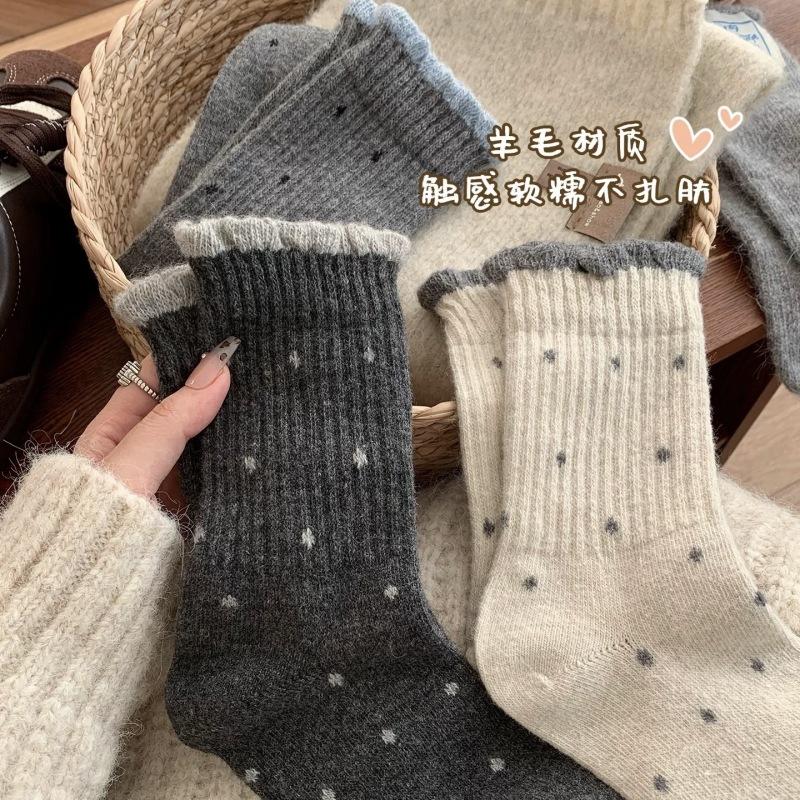 Polka Dot Wool Socks, Mid-Leg Socks, Seasonal Thickened Fleece Warm Gray Birkenstockers, Winter Stockings