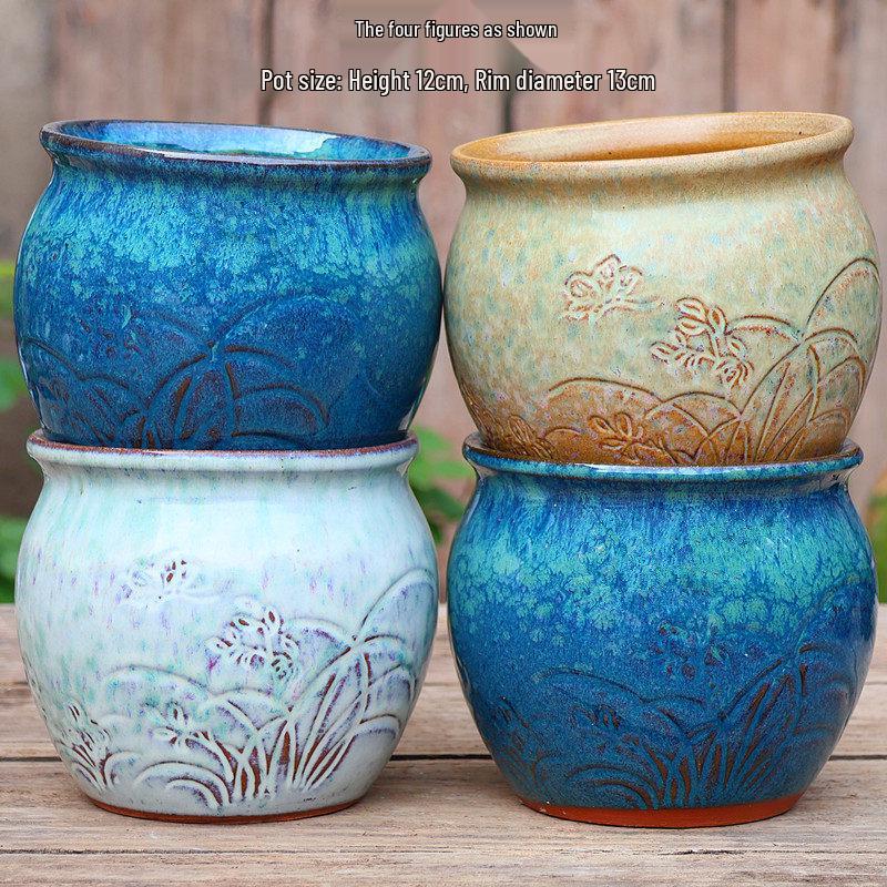 Handmade Embossed Rose Ceramic Succulent Pot, Tall Breathable Coarse Pottery, Large Mouth Plant Pot with Flower Design.