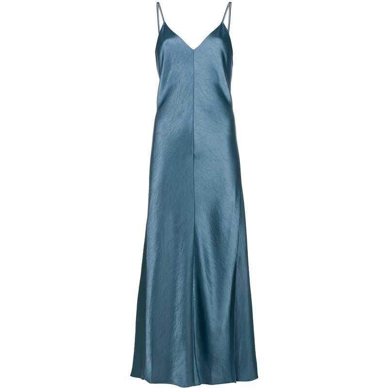 

2025 New Arrival Fashion Sexy Silky V-neck Brace Split Elegant Blue Dress Beach Dress for Seaside Vacation Blue Slip Skirt L