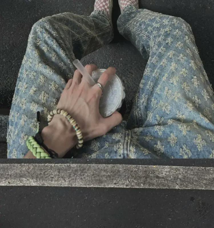 European & American Hip-Hop Streetwear: Men's Trendy Jacquard Full-Print Slim Flared Jeans