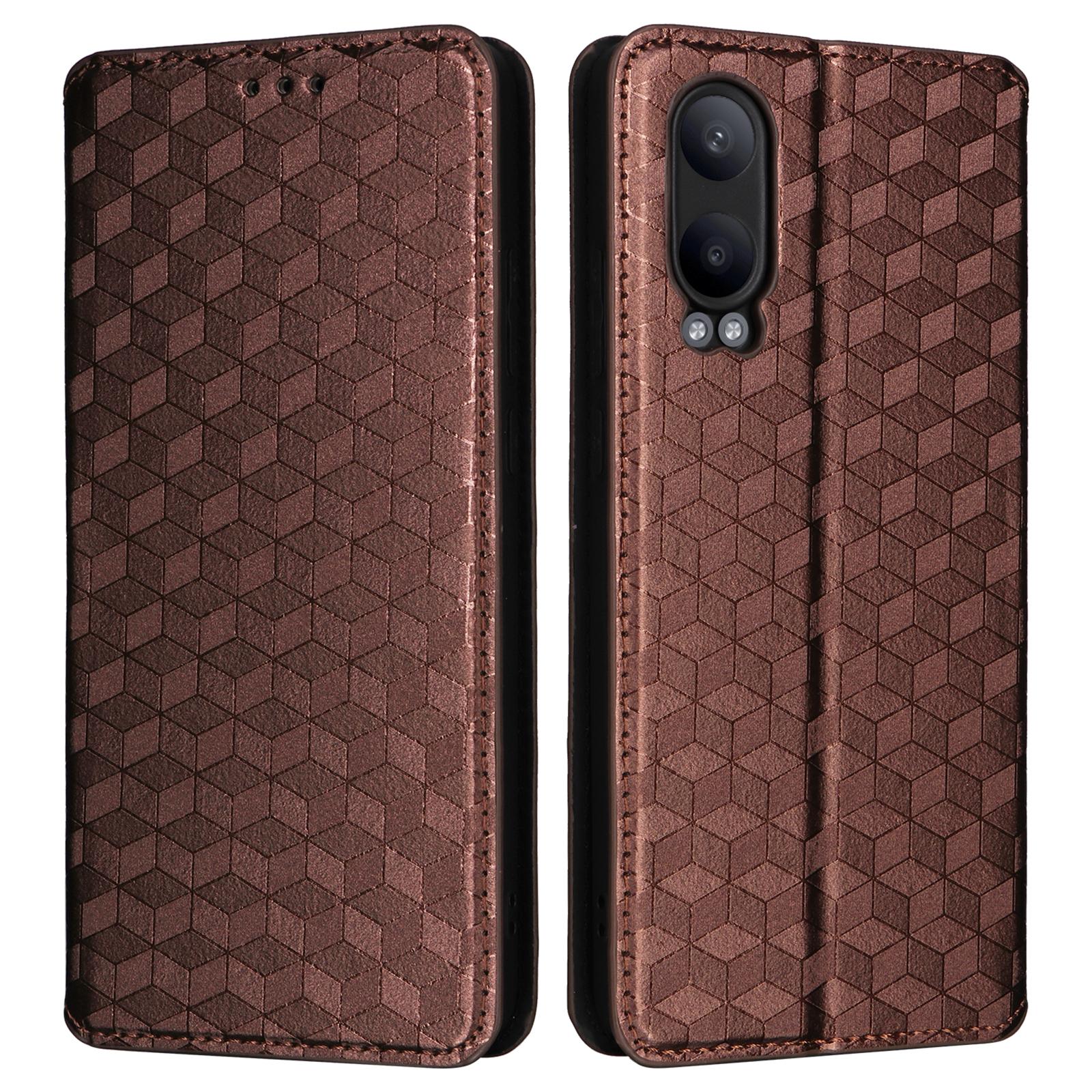 

For OnePlus Nord CE4 Lite 5G/Oppo K12x 5G (China) Case Leather Phone Cover Rhombus Pattern Strong Magnetic Brown