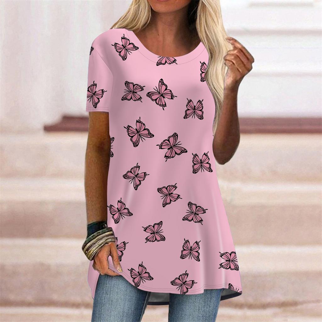 Plus Size Women Summer Blue Butterfly Printed Comfy Short Sleeve Round Collar T-shirt Casual Baggy Mid Length Tee Tops
