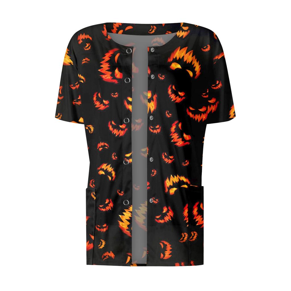 Dámské vzorované kapsy s krátkým rukávem, stojáček s pracovním potiskem, jednořadové ochranné oblečení, svetřík, top