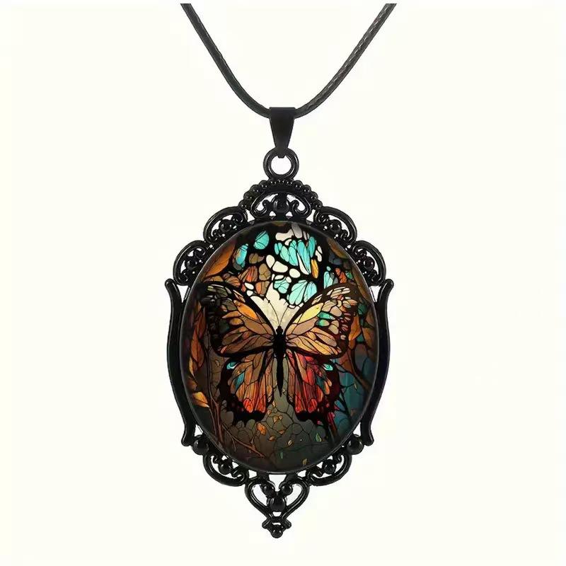 Vintage Oval Glass Alloy Pendant Necklace Jewelry