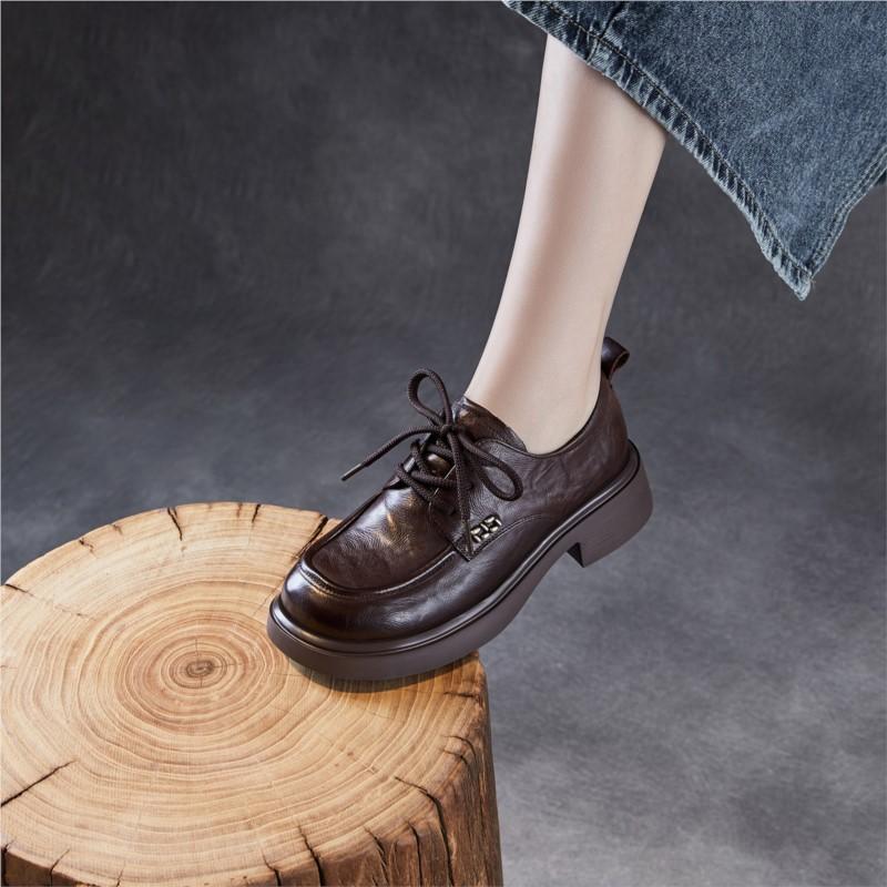 Johnature Pumps Round Toe Middle Heel Shoes Genuine Leather Lace-up Comfortable Soft Soled Thick Heel Shoes