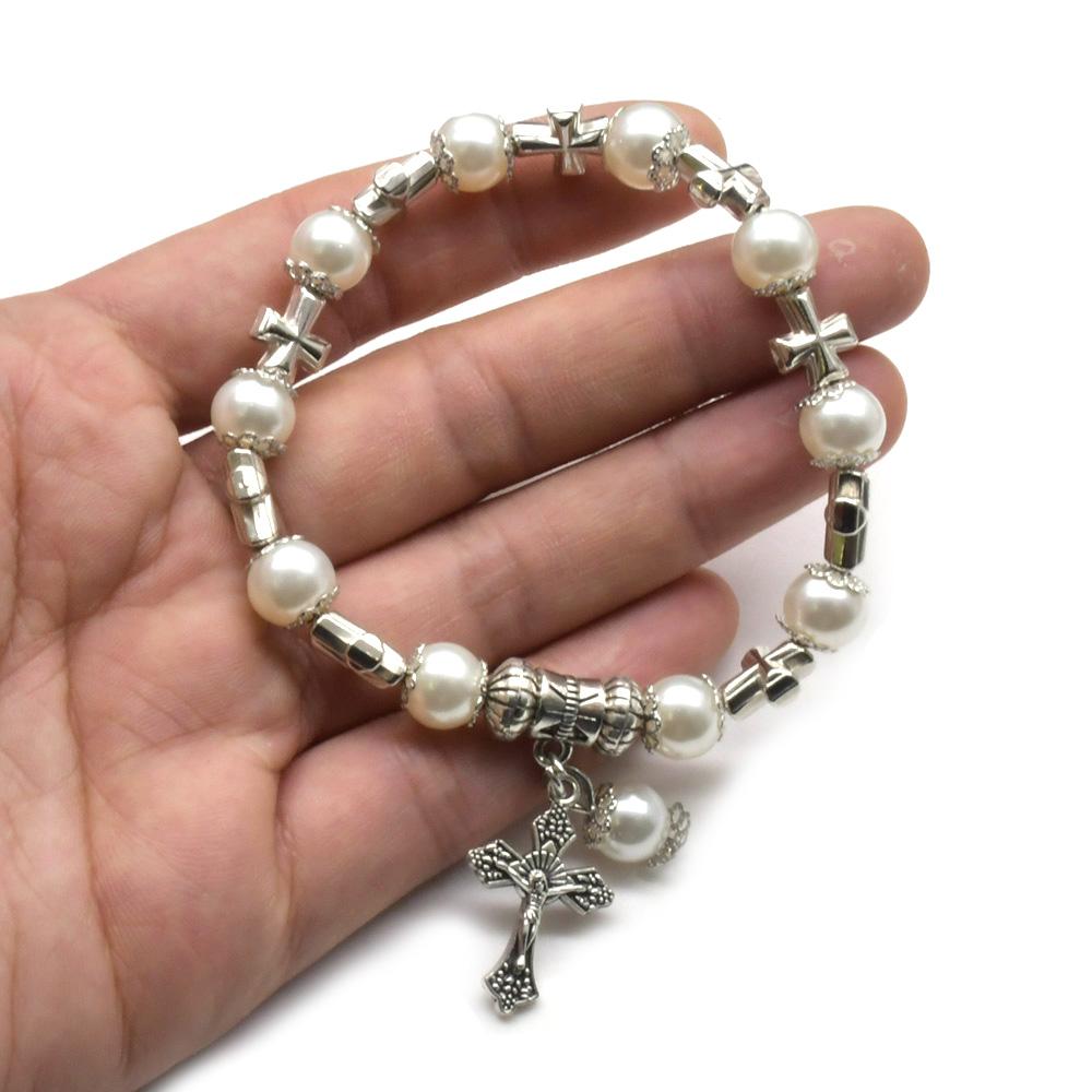 QIGO White Glass Pearl Cross Elastic Rosary Bracelets Religious Zircon For Women
