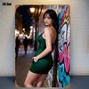 High Definition Tin Painting Woman In Green Bodycon Dress by Graffiti Wall At Night Vintage Metal Sign Wall Art Decor