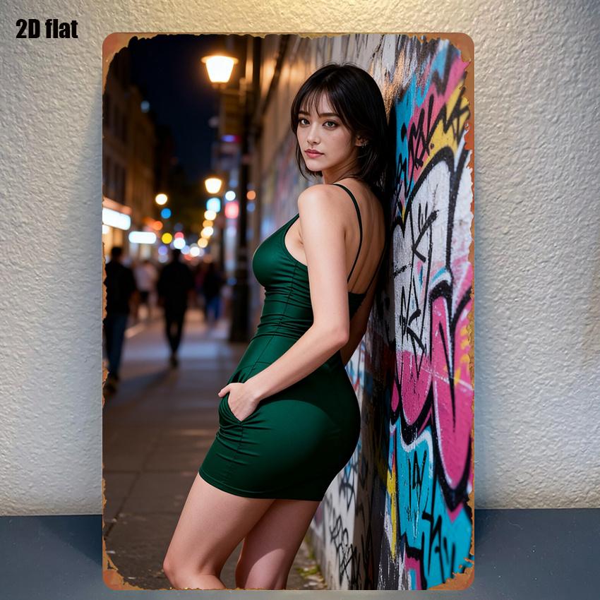 High Definition Tin Painting Woman in Green Bodycon Dress by Graffiti Wall at Night Vintage Metal Sign Wall Art Decor