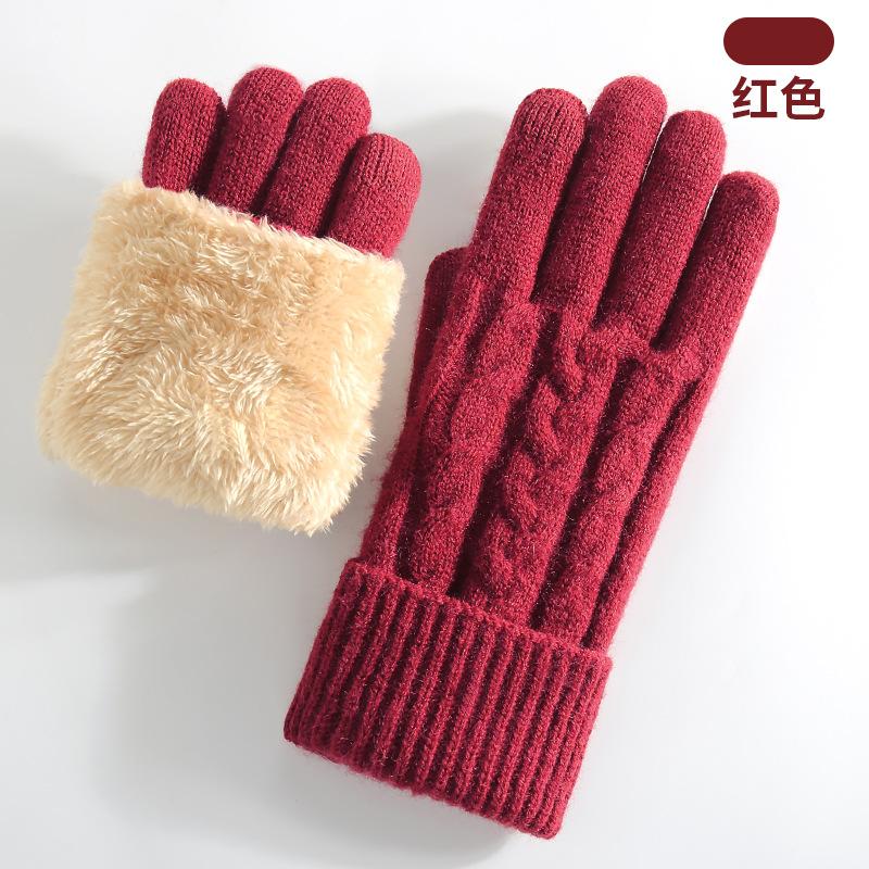 Winter women's touch screen gloves cold-proof double-layer knitted gloves outdoor cycling warm gloves