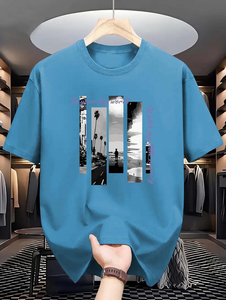 Summer Fashionable  Crew Neck T-Shirt - Men's Casual Short-Sleeve Tee with Seaside Letter Print, Slight Stretch, 180gsm