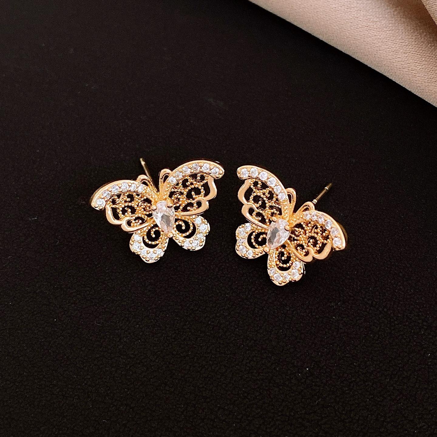 18k real gold electroplated silver needle zircon butterfly stud earrings French retro earrings women
