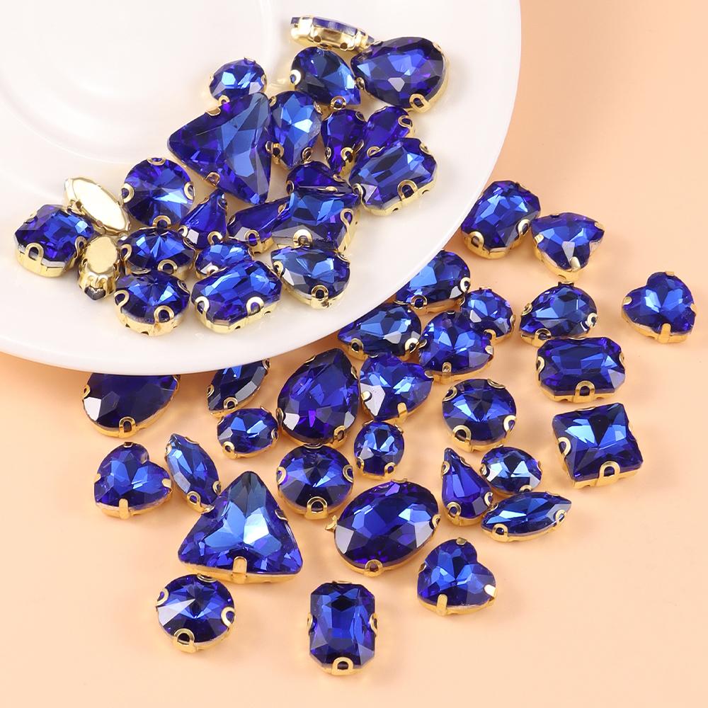 Mixed size glass rhinestone with claw cut diamond on stone bar, K gold base metal crystal, used for embroidery 50 pieces/pack