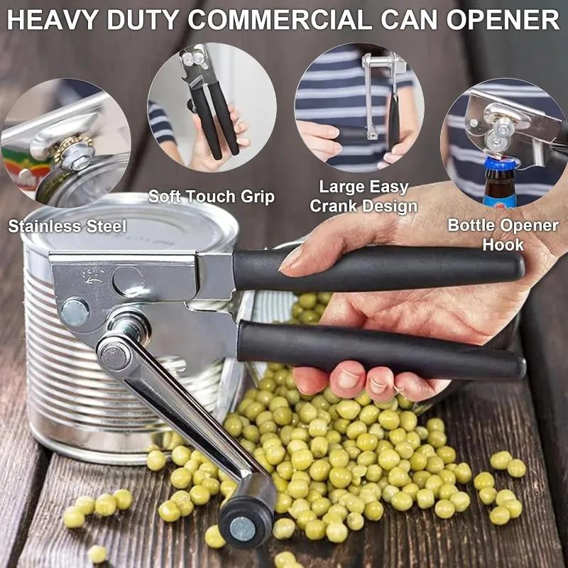 Stainless Steel Manual Can Opener Heavy Duty Handheld with Extra Long Handles for Seniors Elderly Kitchen Use Bottle Opener