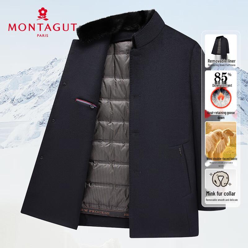 MONTAGUT Men's Winter Wool Coat with Mink Fur & Down Liner