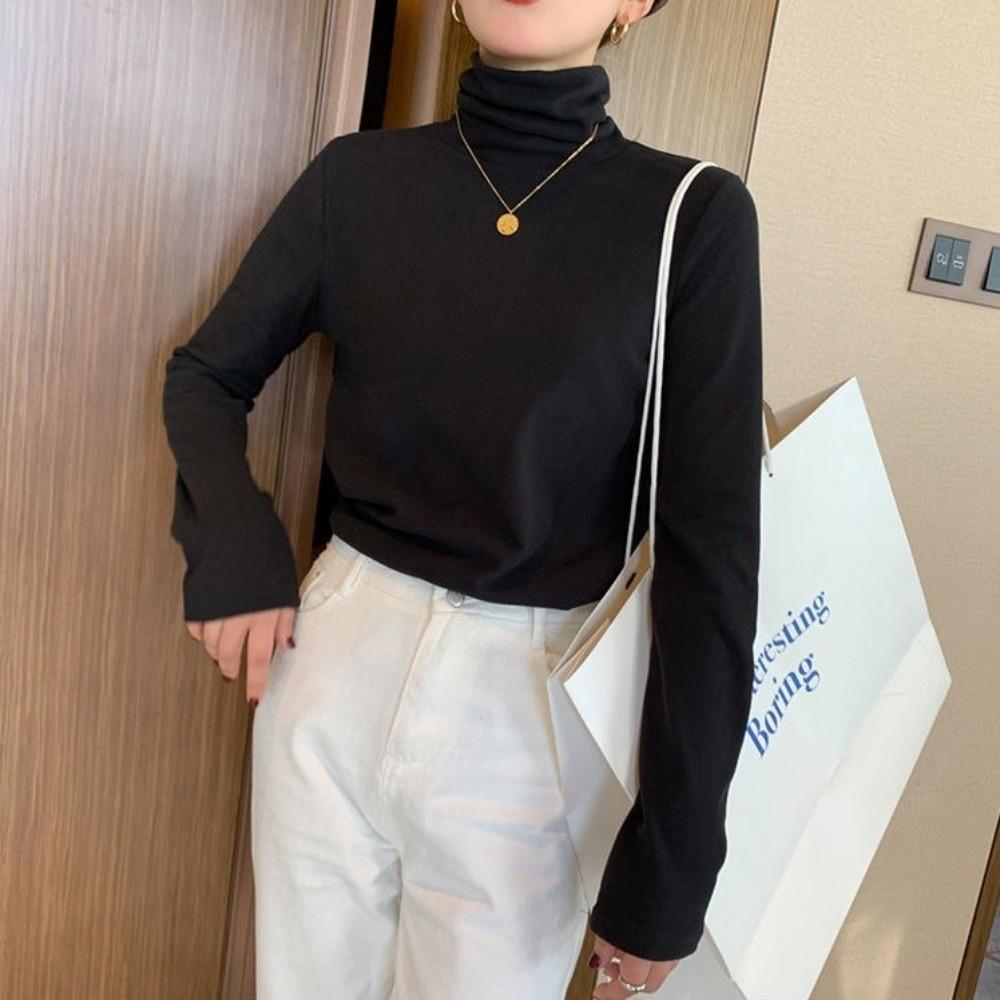 Solid Color Thermal Underwear High Collar Thermal Top Fashion Long-Sleeved T-Shirt for Women