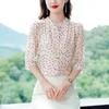 Women Brown Floral Print Blouse 3/4 Sleeve V Neck Casual Chiffon Shirt