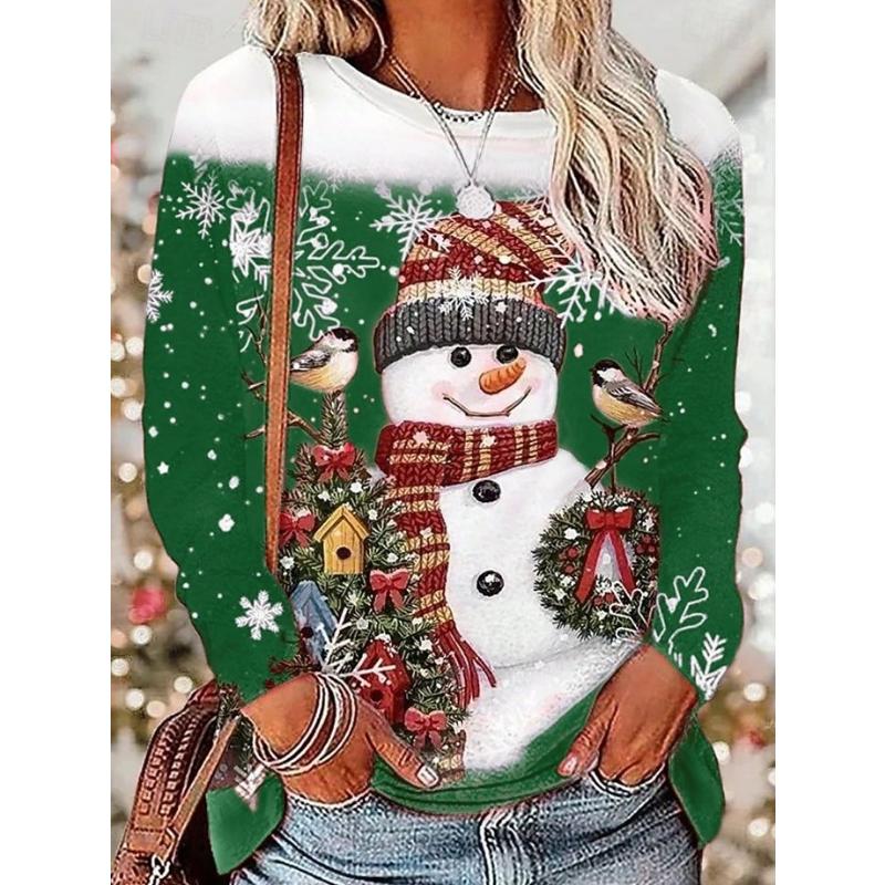 Women's T shirt Crew Neck Long Sleeve Tunic Holiday Sweatshirt Snowman Print Color Block Red